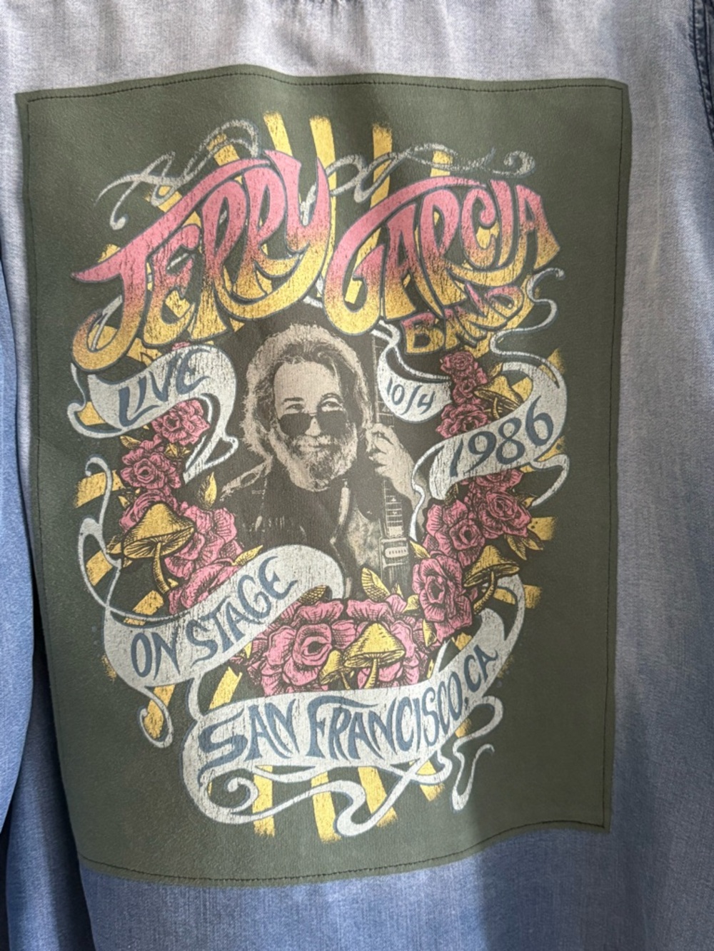 Custom Upcycled Jerry Garcia Graphic Tee On A Flowy Denim Shirt size XL OOAK - Picture 4 of 7